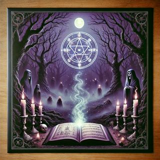Ghouls in a haunted forest approach a magical tome that emits smoke and a mysterious sign.