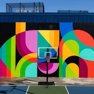 An inner-city Philadelphia basketball court with a bright and colorful mural in the background.